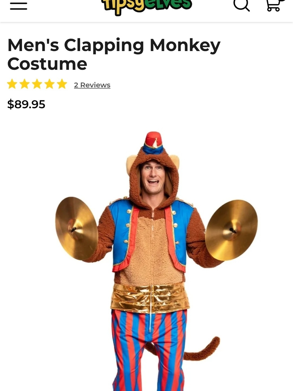 Tipsy Elve Adult Costume Xl Brown Monkey Costume with Blue & Red Accents